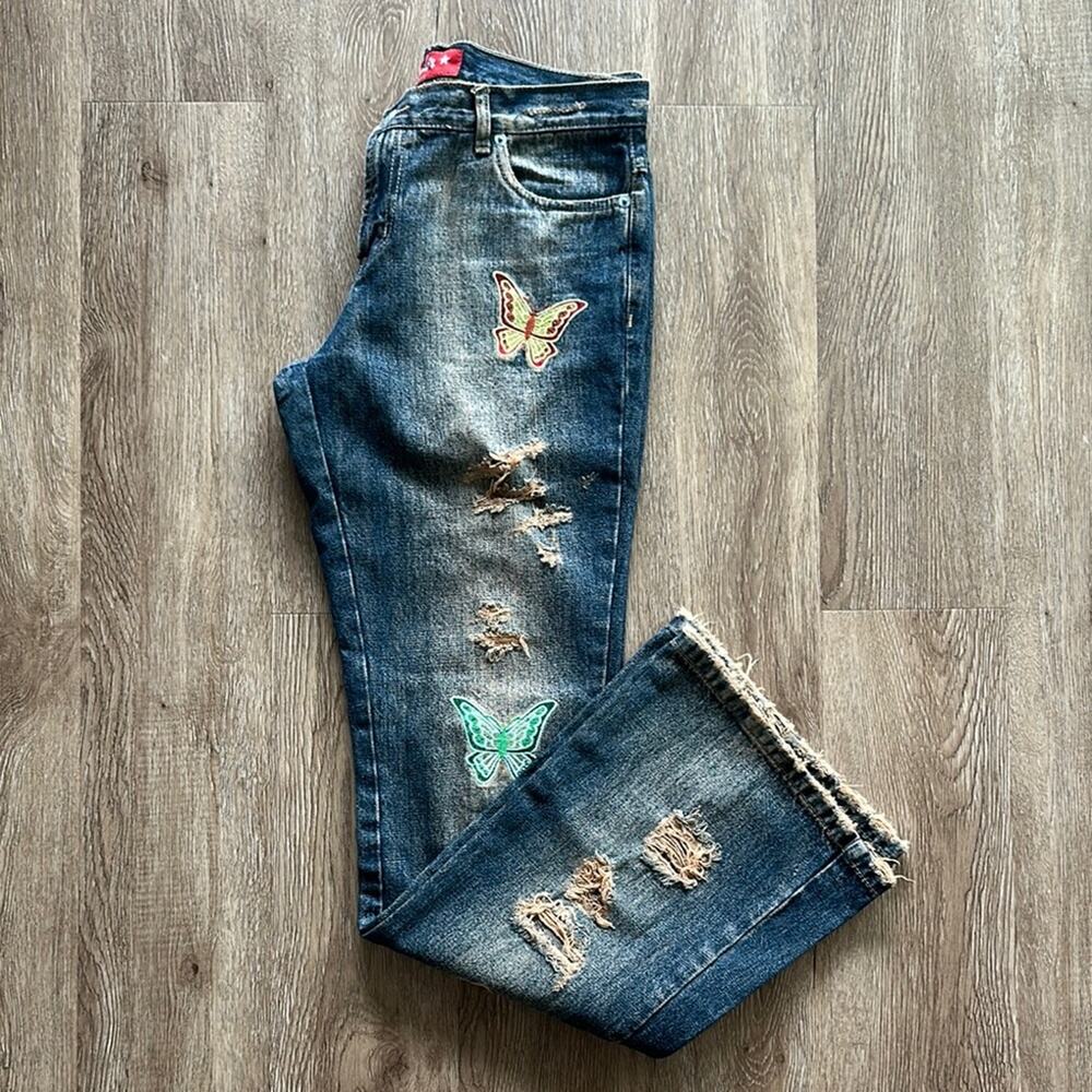 Les Filos Embroidered Butterfly‎ Distressed Low Rise Bootcut Jeans 40(10) Cotton